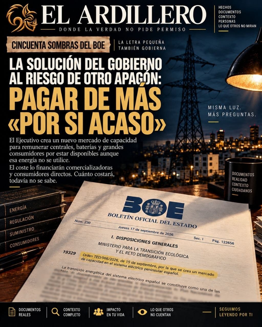 Portada de Cincuenta Sombras del BOE nº 01: la solución del Gobierno al riesgo de otro apagón, pagar de más por si acaso