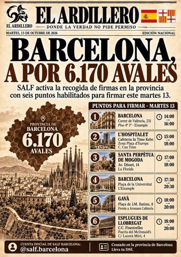 Portada de El Ardillero del martes 13 de octubre: Barcelona. Objetivo: 6.170 avales.