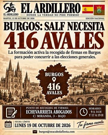 Portada de El Ardillero del martes 13 de octubre: Burgos. Objetivo: 416 avales.