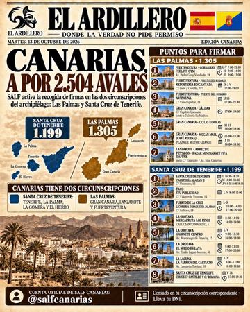 Portada de El Ardillero del martes 13 de octubre: Canarias. Objetivo: 2.504 avales en dos circunscripciones.
