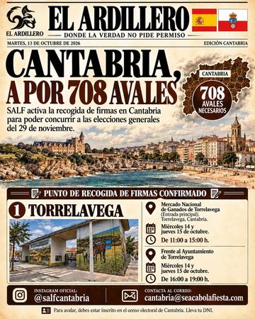 Portada de El Ardillero del martes 13 de octubre: Cantabria. Objetivo: 708 avales.