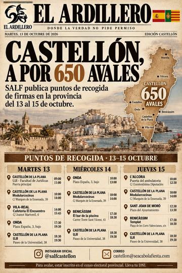 Portada de El Ardillero del martes 13 de octubre: Castellón. Objetivo: 650 avales.