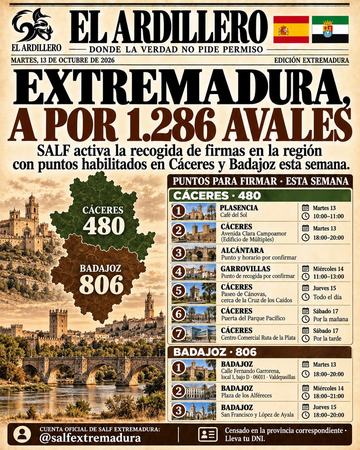 Portada de El Ardillero del martes 13 de octubre: Extremadura. Objetivo: 1.286 avales en dos provincias.