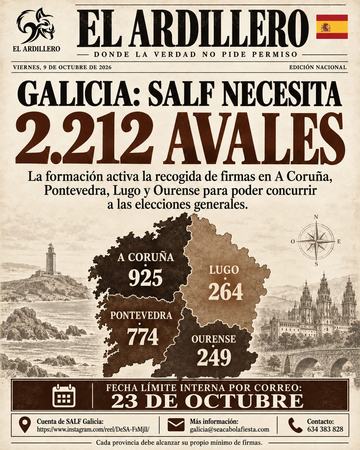 Portada de El Ardillero del viernes 9 de octubre: Galicia. Mínimo legal: 2.212 avales en cuatro provincias.