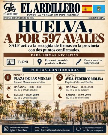 Portada de El Ardillero del martes 13 de octubre: Huelva. Objetivo: 597 avales.
