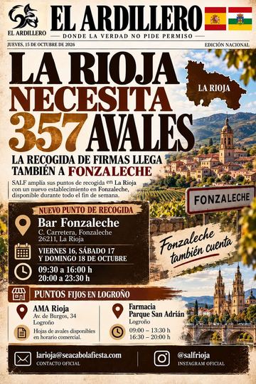 Portada de El Ardillero del jueves 15 de octubre: La Rioja. Nuevo punto de firma en Fonzaleche.