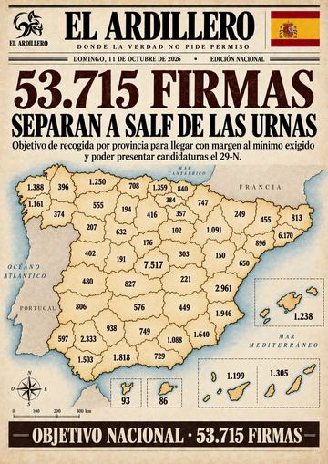 Portada de El Ardillero del domingo 11 de octubre: mapa de España con el objetivo de avales de SALF en cada provincia, 53.715 firmas en total