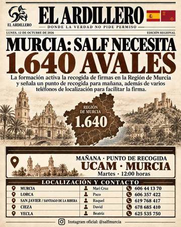 Portada de El Ardillero del lunes 12 de octubre: Región de Murcia. Objetivo: 1.640 avales.