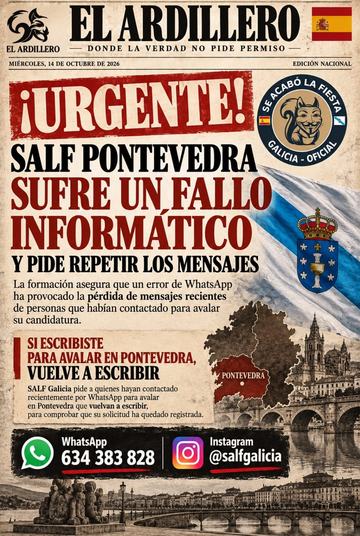 Portada de El Ardillero del miércoles 14 de octubre: Pontevedra. Fallo de WhatsApp en SALF Pontevedra: piden volver a escribir.