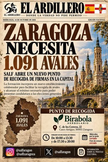 Portada de El Ardillero del miércoles 14 de octubre: Zaragoza. Objetivo: 1.091 avales.